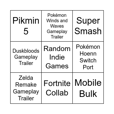 Nintendo Direct Bingo Card