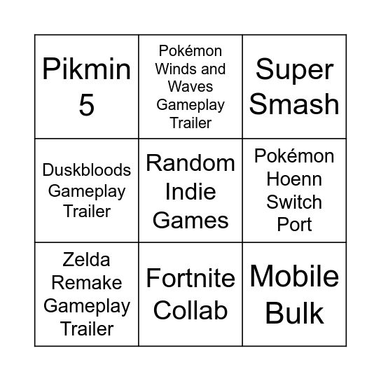 Nintendo Direct Bingo Card