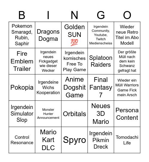 Nintendo Direct Bingo Card