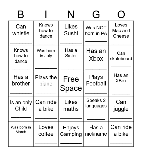 YOUTH HUMAN BINGO Card