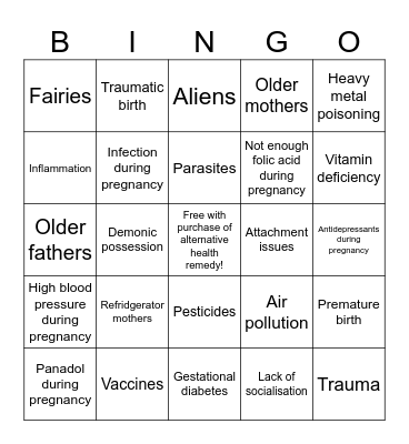 "Causes" of Autism Bingo Card