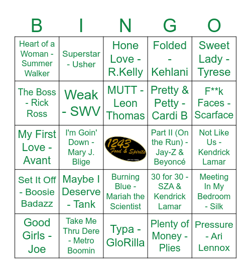 R&B + Hip Hop Bingo Card