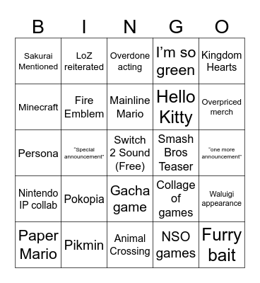Lux Nintendo Direct Bingo Card