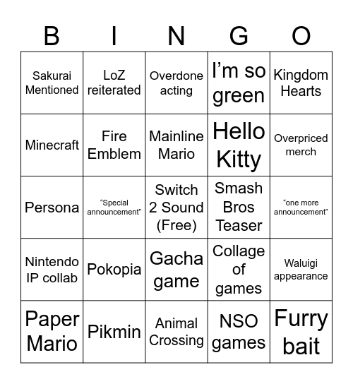 Lux Nintendo Direct Bingo Card