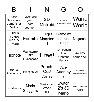 9/9/26 Nintendo Direct Bingo Card