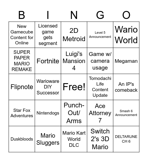 9/9/26 Nintendo Direct Bingo Card