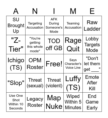 Anime Battle Arena PS Bingo Card