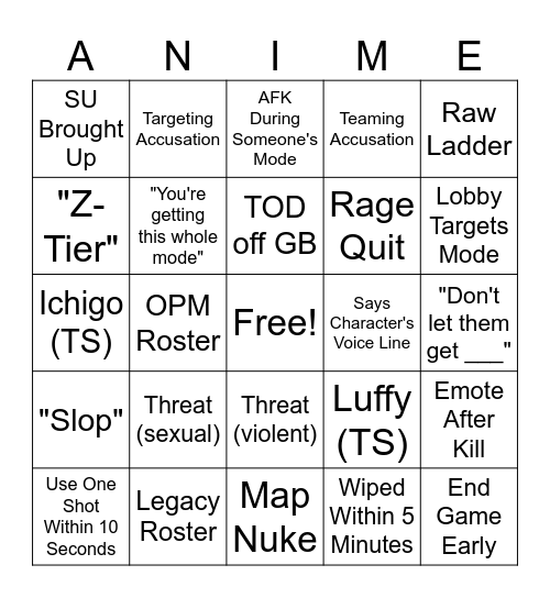 Anime Battle Arena PS Bingo Card