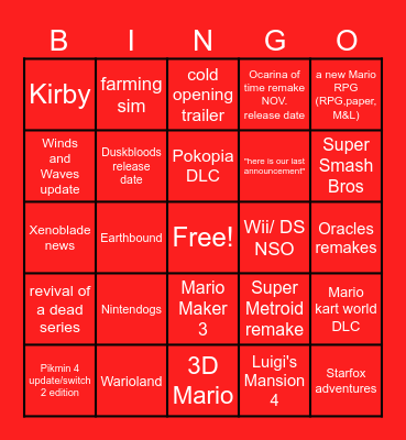 Nintendo Direct Bingo Card