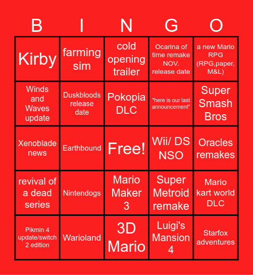Nintendo Direct Bingo Card