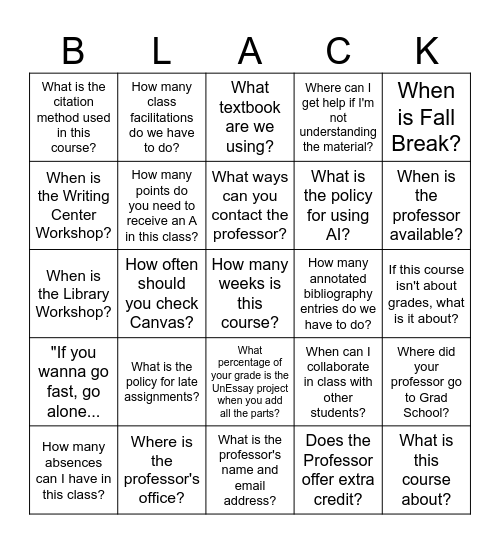 Syllabus Bingo Card