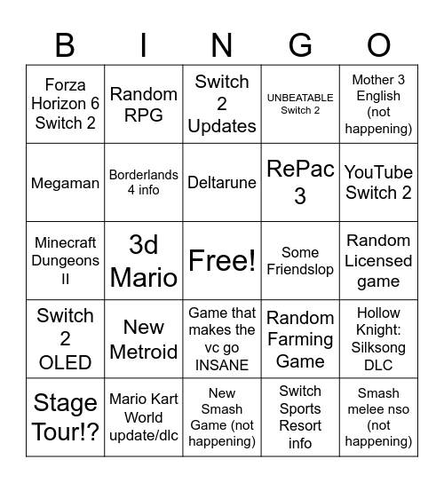 Nintendo Direct Bingo Card