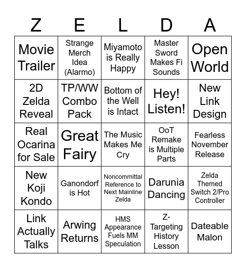 Zelda Direct Bingo Card