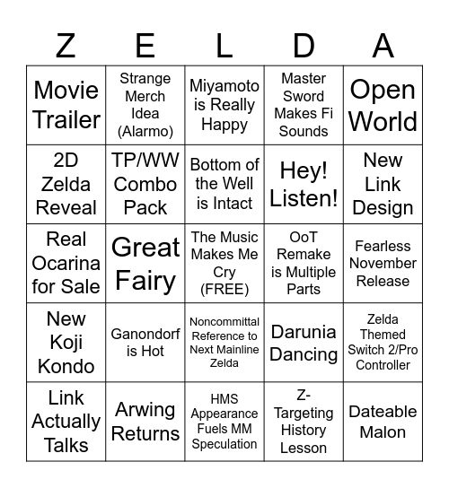Zelda Direct Bingo Card