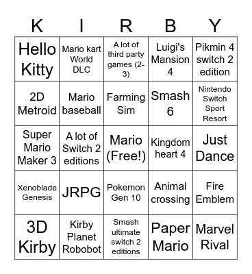 Nintendo direct BINGO 9/9/26 Bingo Card