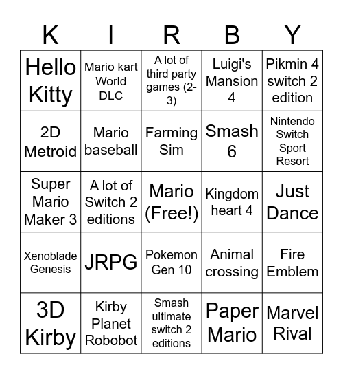 Nintendo direct BINGO 9/9/26 Bingo Card