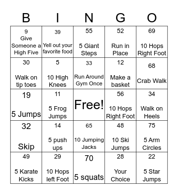 Physical Activity Bingo Card