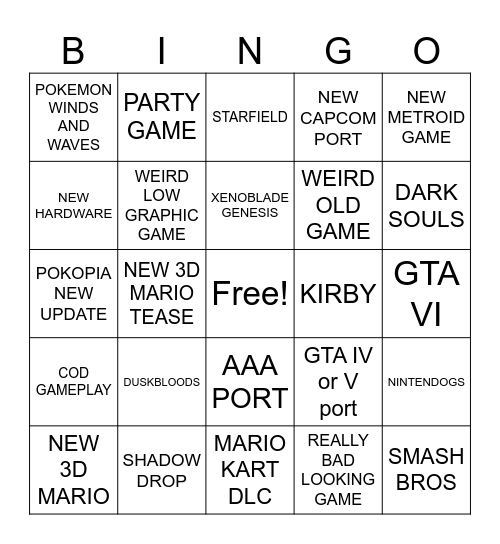 NINTENDO DIRECT 8.9.2026 Bingo Card