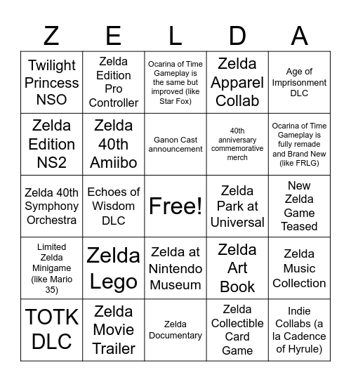 Zelda 40th Direct Bingo Card