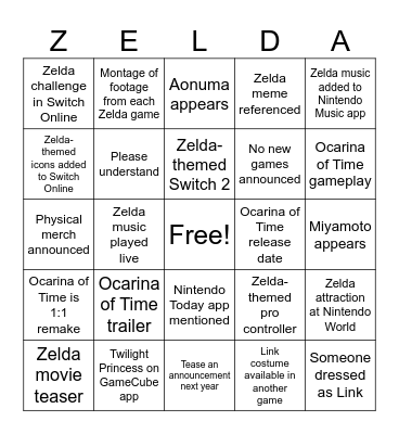 Zelda Direct Bingo Card