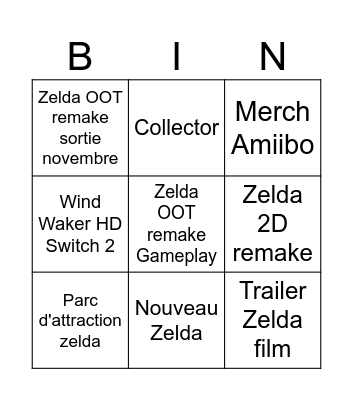 Nintendo direct Zelda Bingo Card