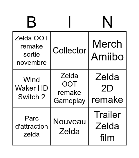 Nintendo direct Zelda Bingo Card