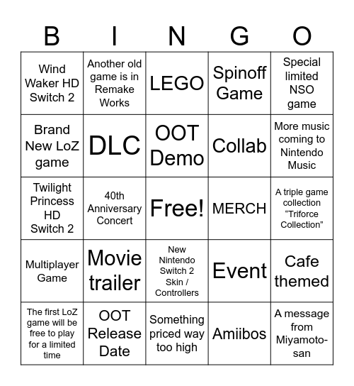 LoZ Direct 9.8.26 Bingo Card