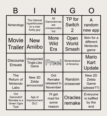 Nintendo Direct Bingo Card