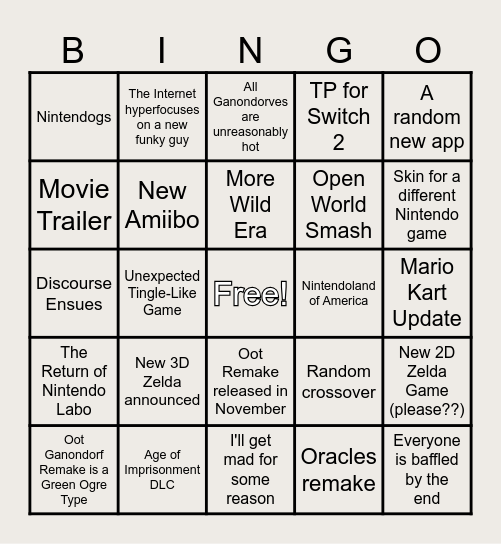 Nintendo Direct Bingo Card