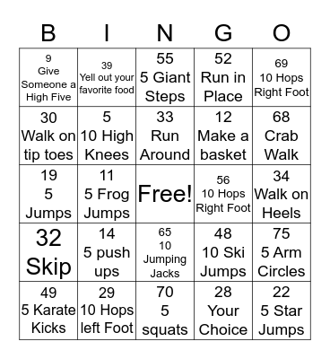 Physical Activity Bingo Card