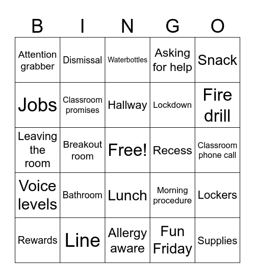 Classroom expectations Bingo Card