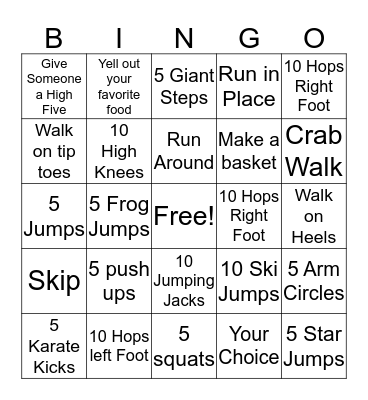 Physical Activity Bingo Card