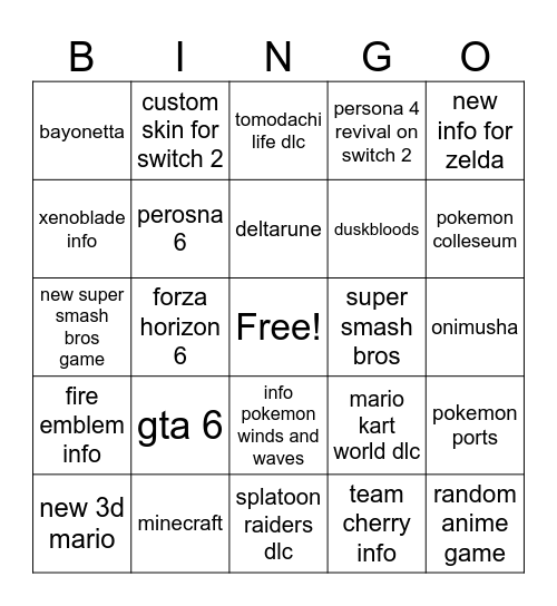 nintendo switch direct Bingo Card