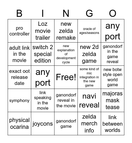 zelda sep 2026 bingo Card