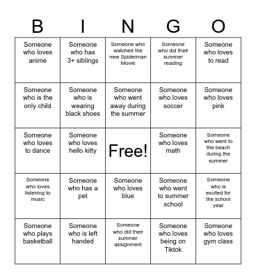 Classroom Bingo Card
