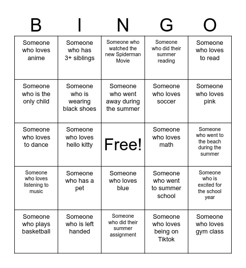 Classroom Bingo Card