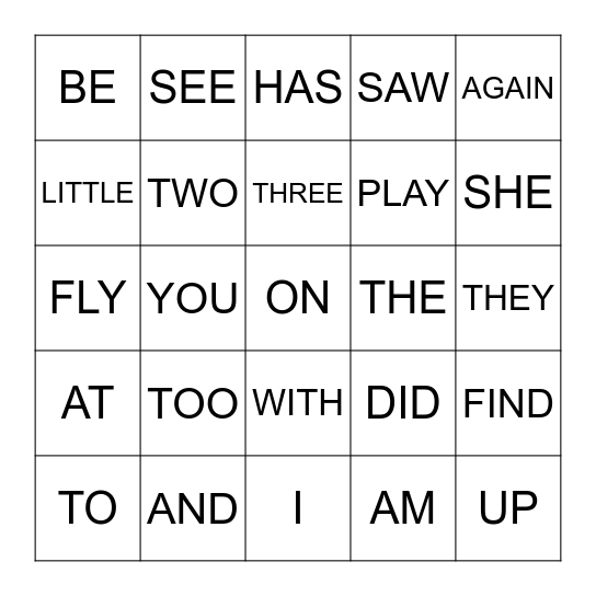 Sight Word Bingo Card
