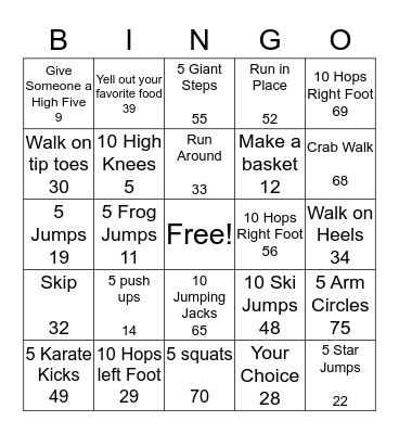 Physical Activity Bingo Card
