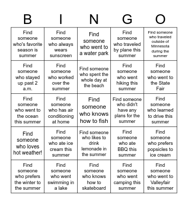 Find Someone Who - Summer Edition Bingo Card