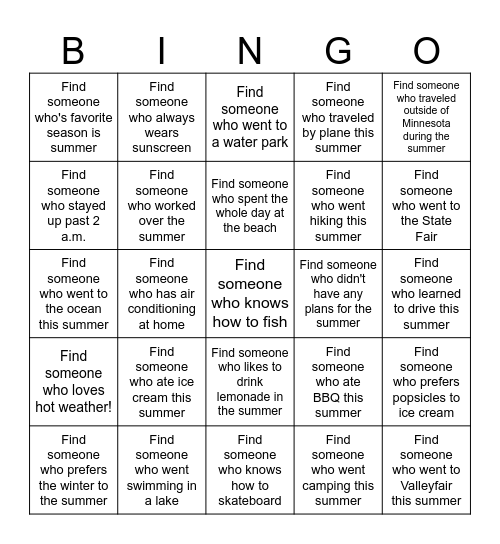 Find Someone Who - Summer Edition Bingo Card