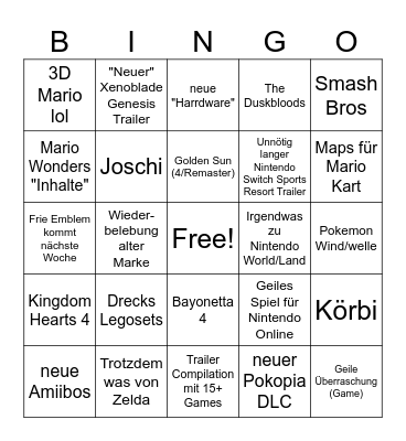 Nintendo Direct 09.09. Bingo Card