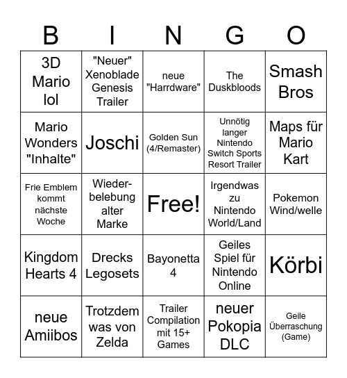 Nintendo Direct 09.09. Bingo Card