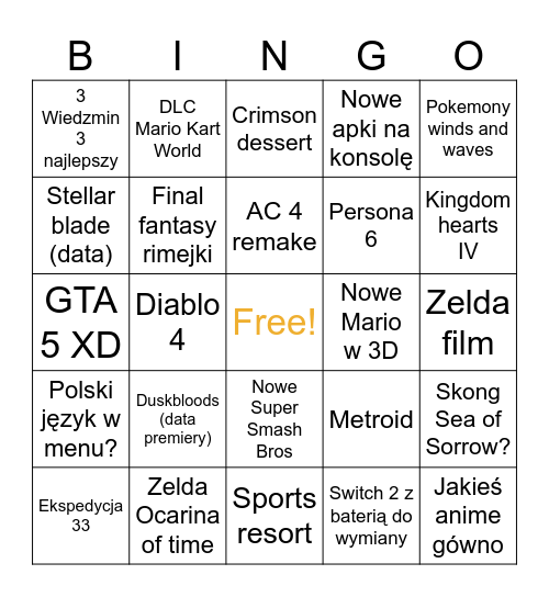 Nintendo direct Bingo Card
