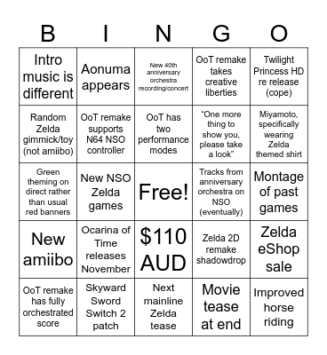 Zelda Direct Bingo Card