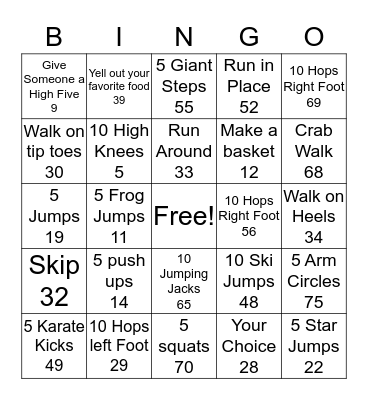 Physical Activity Bingo Card