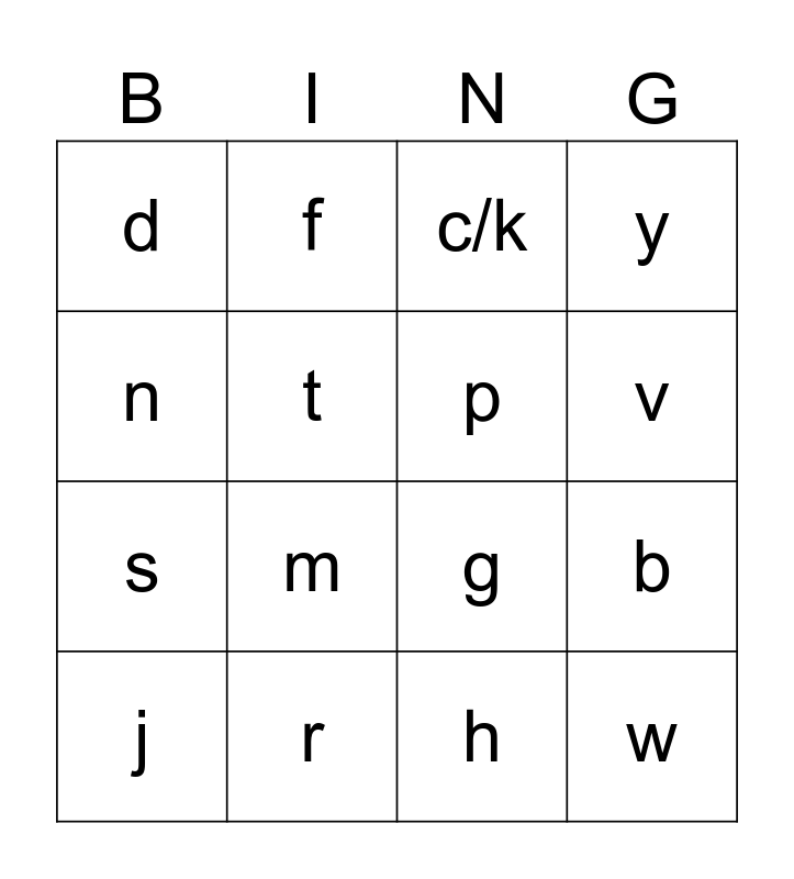 Consonant Letter Sounds Bingo Card