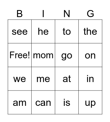 Sight Words Bingo Card