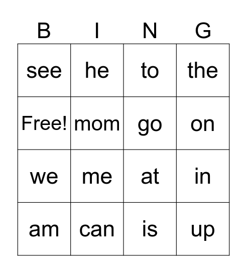 Sight Words Bingo Card
