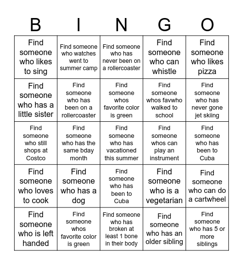 GET TO KNOW YOU Bingo Card