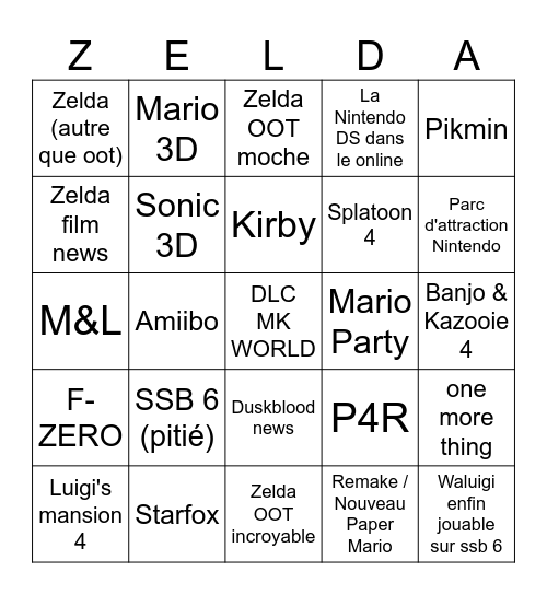 Zelda + Nintendo Direct Bingo Card